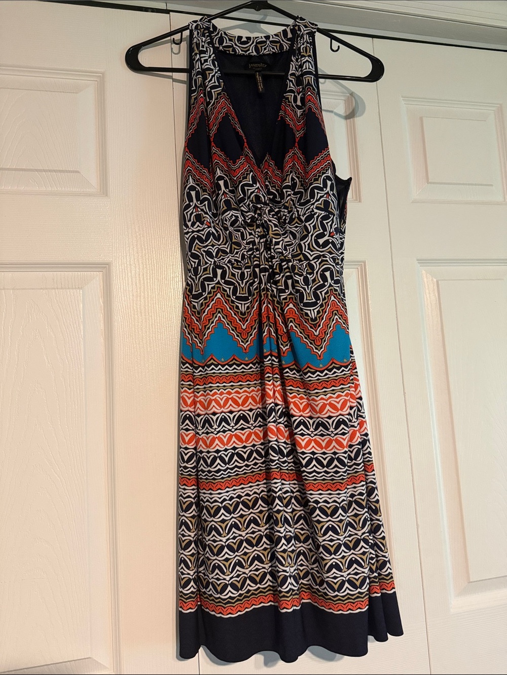 Laundry By Shelli Segal Navy, Turquoise & Coral Patterned Midi Dress